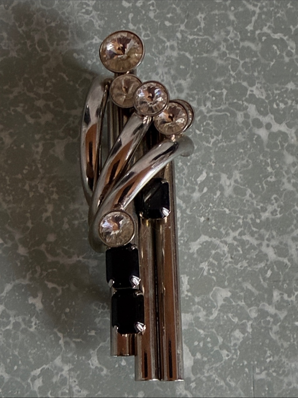 Vintage Mid-Century Modernist Silver Tone Black & Clear Rhinestone Brooch